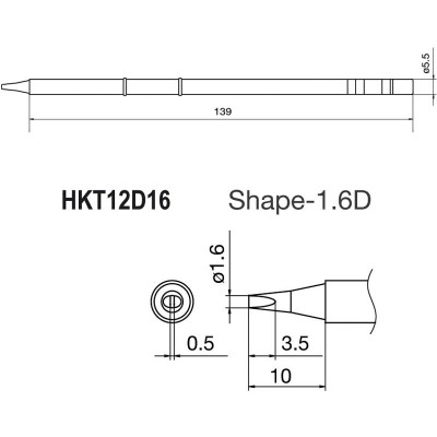 Punta + resistencia de 0,5x1,6mm para soldador HKFM2028 de Hakko - T12-D16