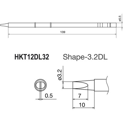 Punta + resistencia de 0,5x3,2mm para soldador HKFM2028 de Hakko - T12-DL32