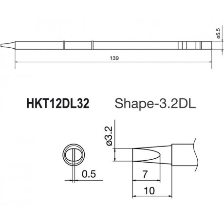 Punta + resistencia de 0,5x3,2mm para soldador HKFM2028 de Hakko - T12-DL32