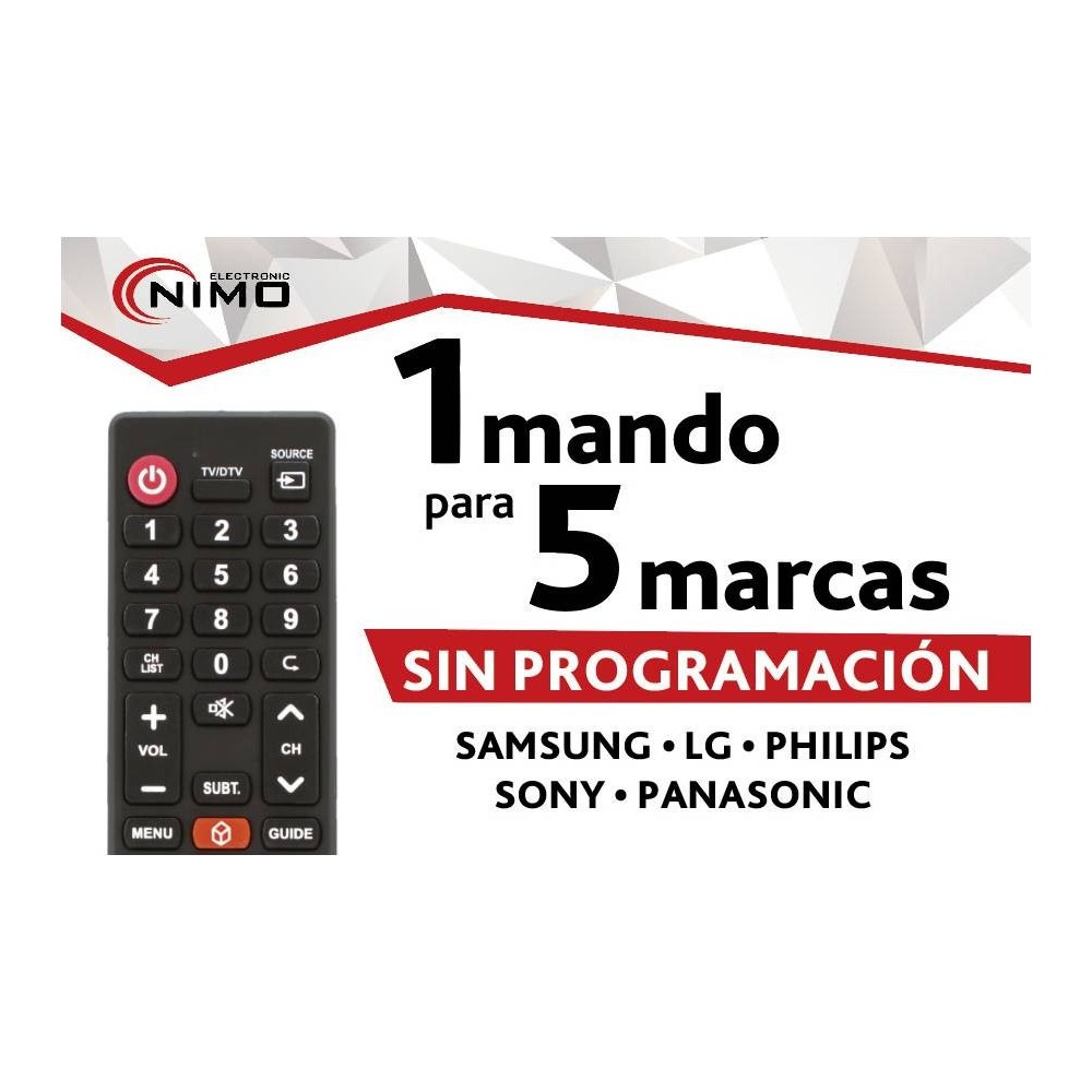 Mando universal que permite manejar directamente cualquier televisor  SAMSUNG, LG, SONY, PHILIPS o PANASONIC sin ningún