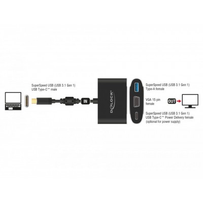 Delock Adaptador USB Type-C ™ macho a VGA hembra (modo DP Alt) + USB tipo-A + USB Type-C ™ PD