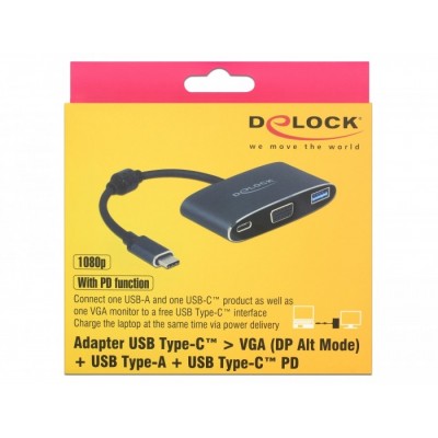 Delock Adaptador USB Type-C ™ macho a VGA hembra (modo DP Alt) + USB tipo-A + USB Type-C ™ PD