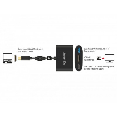 Delock Adaptador USB Type-C ™ macho a HDMI hembra (Modo DP Alt) 4K 30 Hz + USB Tipo-A + USB Type-C ™ PD