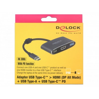 Delock Adaptador USB Type-C ™ macho a HDMI hembra (Modo DP Alt) 4K 30 Hz + USB Tipo-A + USB Type-C ™ PD
