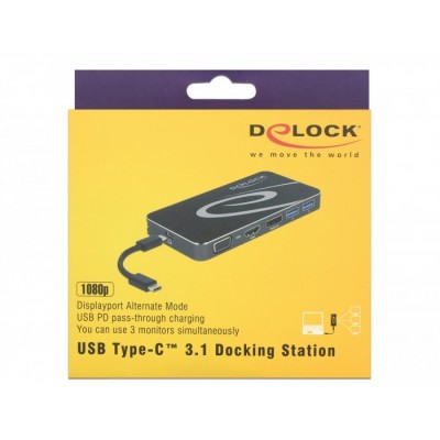 Delock Estación de acoplamiento USB Type-C™ 3.1 HDMI + DP + VGA 1080p, concentrador USB y función USB PD