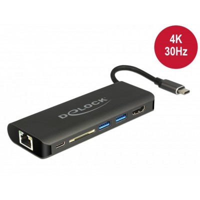 Delock Estación de acoplamiento USB Type-C™ 3.1 HDMI 4K 30 Hz, Gigabit LAN y función USB PD