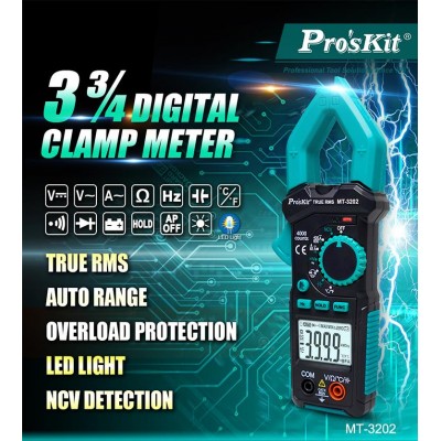 MT-3202 - Pinza Amperimétrica AC, Voltaje AC/DC 3 3/4 Dígitos True RMS de proskit
