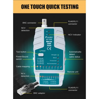 MT7058 Mini tester de redes RJ y BNC con detector de voltaje de Proskit