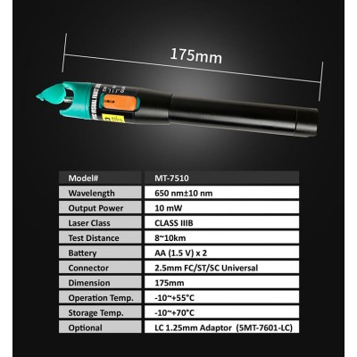 MT7510 Visualizador de fallos en conductores de fibra óptica 10mW, 8-10km