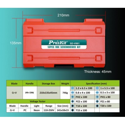 SD-V861 Juego de destornilladores 1000V, 11 puntas y buscapolos de Proskit