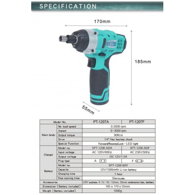 PT-1207F Destornillador con brocas hexagonales a batería 12V Litio de Proskit