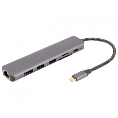 WIR1762 Adaptador 7 en 1 HUB USB-C a USB, HDMI, RJ45 y tarjetas
