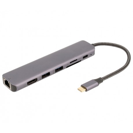 WIR1762 Adaptador 7 en 1 HUB USB-C a USB, HDMI, RJ45 y tarjetas