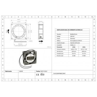 Ventilador con cojinete de fricción KLA230AP080CSWH