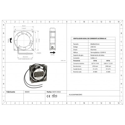 Ventilador metálico con rodamiento de bolas KLA230AP080CBWH