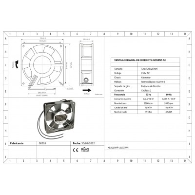 Ventilador con cojinete de fricción KLA230AP120CSWH