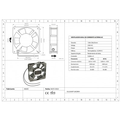 Ventilador metálico con rodamiento de bolas KLA230AP120CBCH