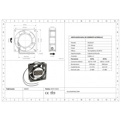 Ventilador con cojinete de fricción KLA230AP092CSWH