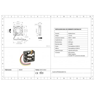 Ventilador con cojinete de fricción KLD012PP040GSWH-RD