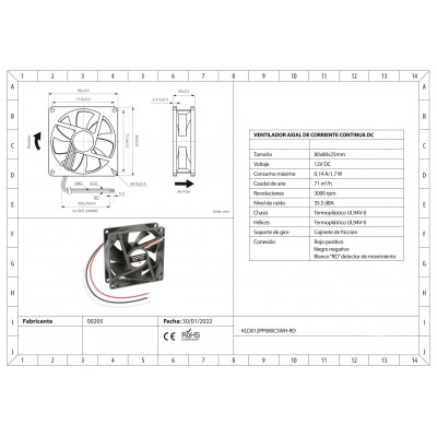 Ventilador con cojinete de fricción KLD012PP080CSWH-RD