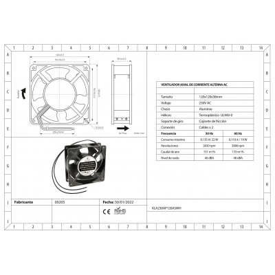 Ventilador con cojinete de fricción KLA230AP120ASWH