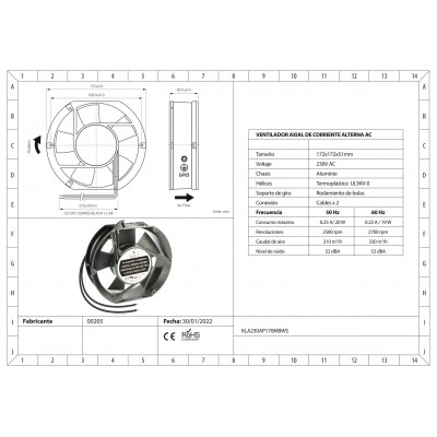 Ventilador metálico con rodamiento de bolas KLA230AP170MBWS