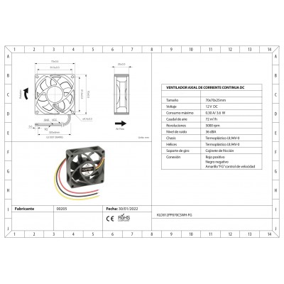 Ventilador Termoplástico 12 Vcc de 3 Hilos KLD012PP070CSWH-RD