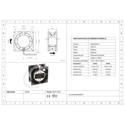 Ventilador metálico de rodamiento de bolas KLA230AS080ABWH-F
