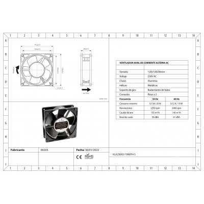 Ventilador metálico de rodamiento de bolas KLA230AS119ABTH-S