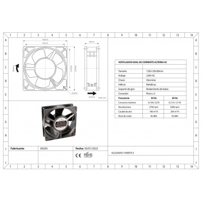 Ventilador metálico de rodamiento con bolas KLA230AS119ABTX-S
