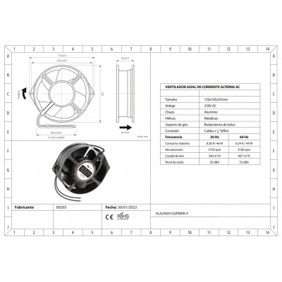 Ventilador metálico con rodamiento de bolas KLA230AS162PBWH