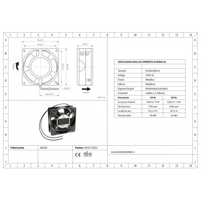 Ventilador metálico con rodamiento de bolas KLA230AS092ABWH-S