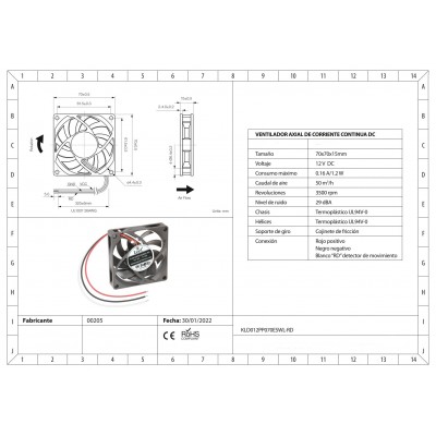 Ventilador Termoplástico 12 Vcc de 3 Hilos KLD012PP070ESWL-RD