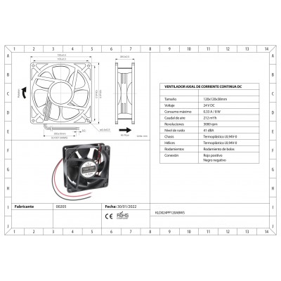 KLD024PP120ABWS Ventilador 120x120x38mm. 24Vcc, rodamiento bolas, 2 cables