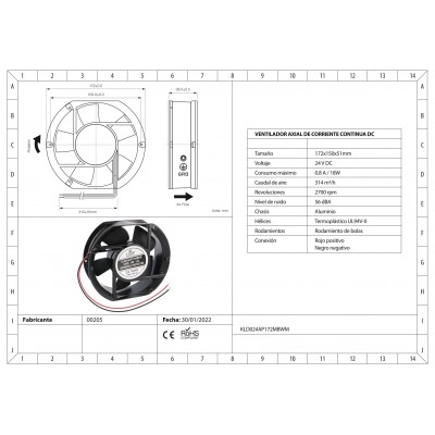 KLD024AP172MBWM Ventilador 172x150x51mm. 24Vcc, rodamiento bolas, 2 cables