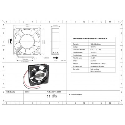 KLD048AP120ABWS Ventilador 120x120x38mm, 48Vcc, rodamiento bolas, 2 cables