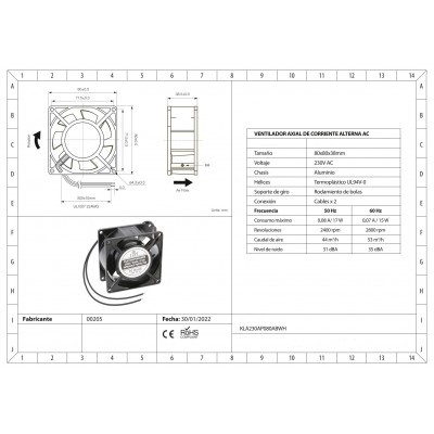 KLA230AP080ABWH Ventilador 80x80x38mm, 230Vca, rodamiento de bolas, 2 cables