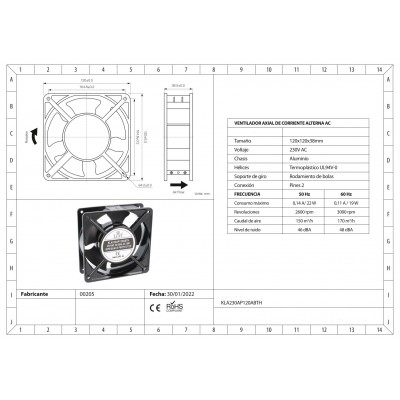 KLA230AP120ABTH Ventilador 120x120x38mm, 230Vca, rodamiento de bolas, 2 Cables