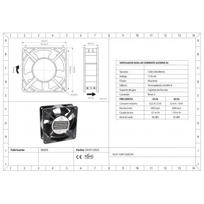 KLA115AP120ASTH Ventilador 120x120x38mm 115Vca, cojinete de fricción, 2 Hilos