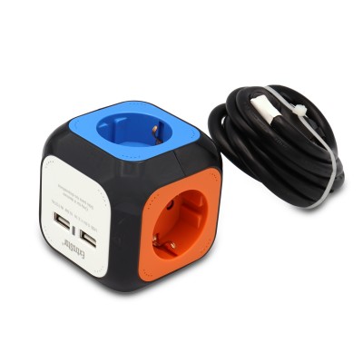 Base Múltiple tipo CUBO con 4 tomas Schuko y 2 USB 2.4A, 1.5m de Colores