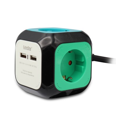 Base Múltiple tipo CUBO con 4 tomas Schuko y 2 USB 2.4A, 1.5m de Colores