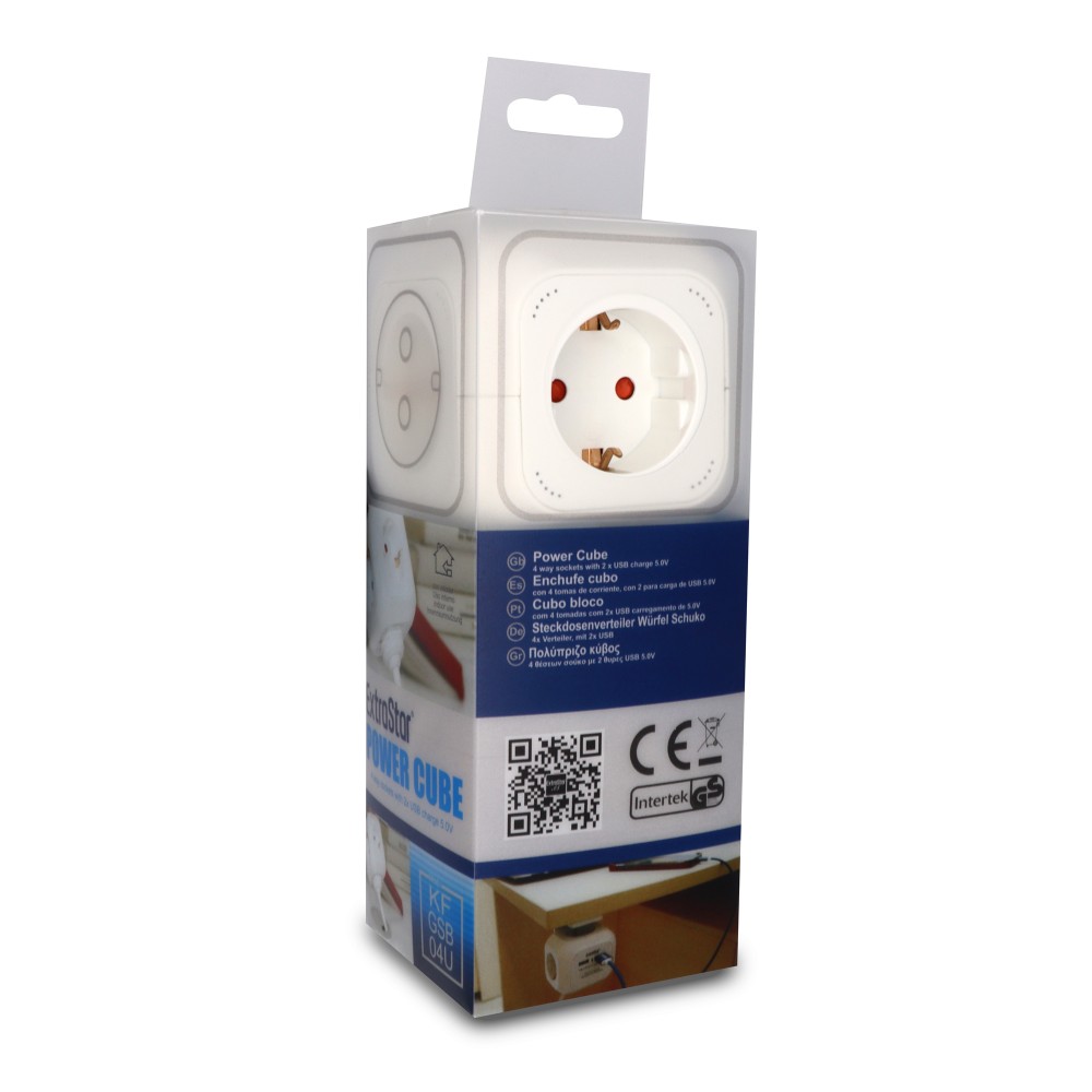 Regleta de red Tipo Cubo con 4 tomas Schuko y 2 USB 2.4A, 1.5m