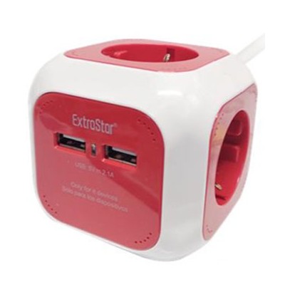 Base Múltiple tipo CUBO con 4 tomas Schuko y 2 USB 2.4A, 1.5m de Color Rojo