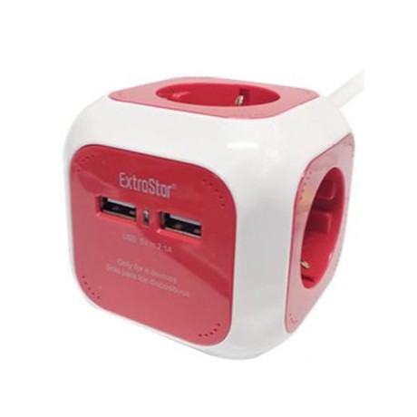 Base Múltiple tipo CUBO con 4 tomas Schuko y 2 USB 2.4A, 1.5m de Color Rojo