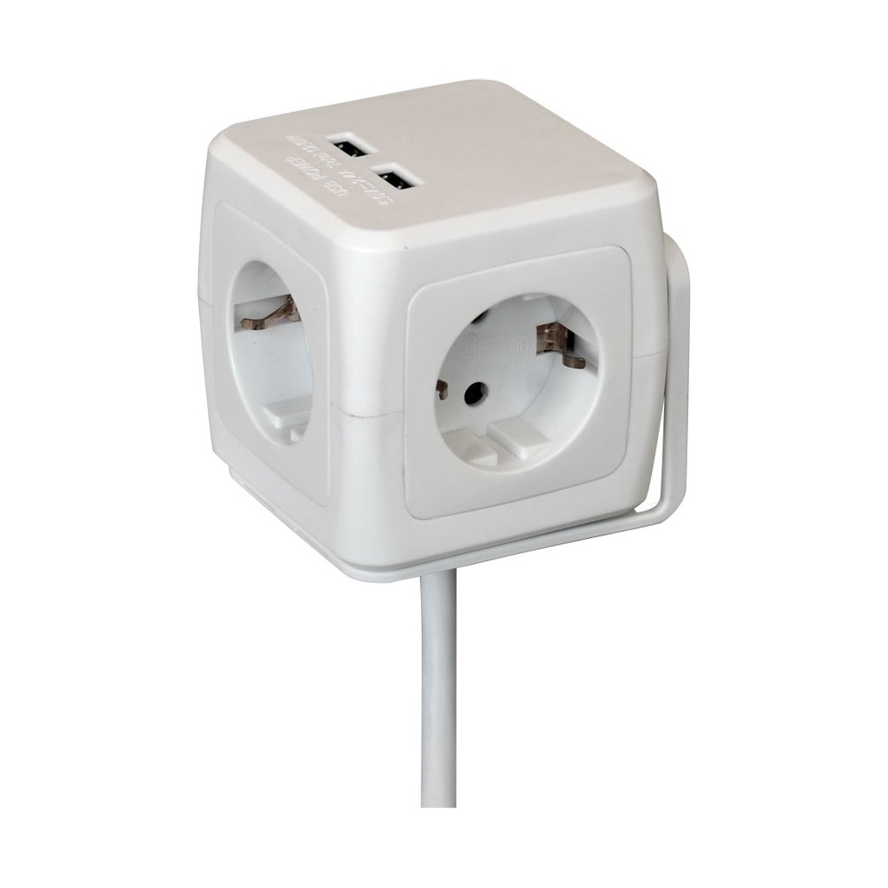 Regleta de red Tipo Cubo con 4 tomas Schuko y 2 USB 2.4A, 1.5m