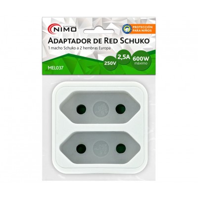 Adaptador de red 1 macho Schuko a 2 hembras Europa (10 unidades)