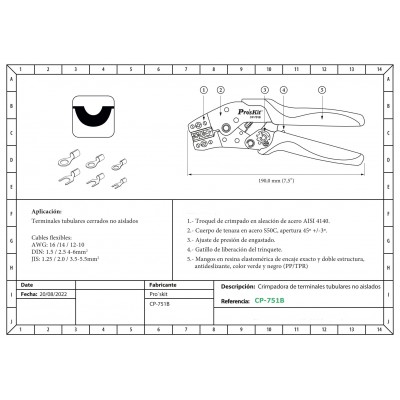 CP-751B Crimpadora para terminales desnudos tubulares de Proskit