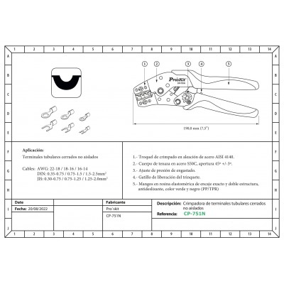 CP-751N Crimpadora para terminales desnudos tubulares de Proskit