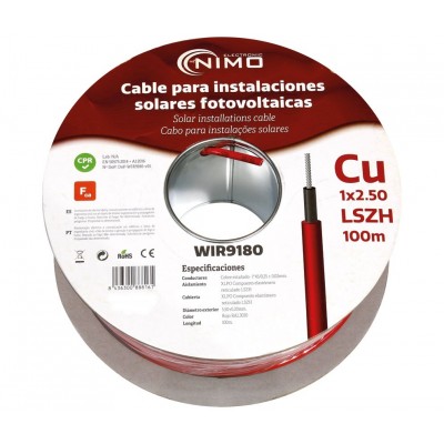 Cable para conexión de Placas Solares Cu-Sn 2,5mm² XLPE LSZH Rojo 100m