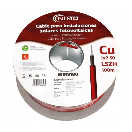 Cable para conexión de Placas Solares Cu-Sn 2,5mm² XLPE LSZH Rojo 100m
